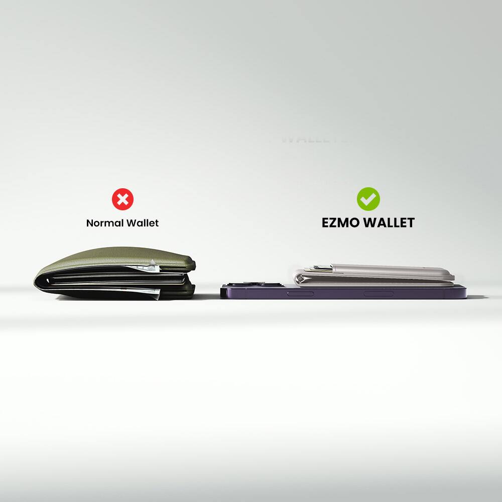 The image features a wallet and a clutch, with the wallet being larger and positioned next to the clutch. The wallet is described as a normal wallet, while the clutch is referred to as an EZMO wallet. The wallet is placed on the left side of the image, while the clutch is on the right side.