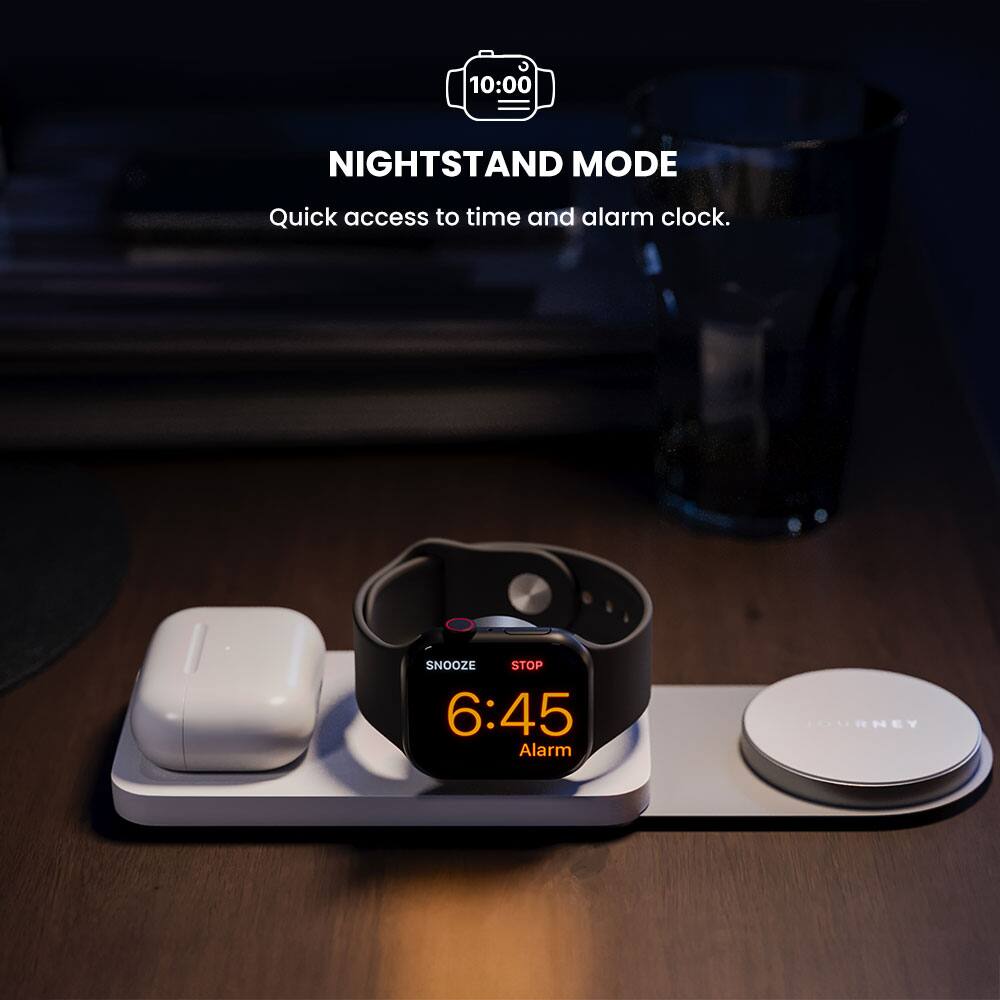 The image features a nightstand mode with a clock and a smartphone on a charging dock. The clock displays the time as 6:45, and the smartphone is placed on the dock, ready for charging. The nightstand mode allows for quick access to the time and alarm clock, making it a convenient and functional setup for a bedroom.