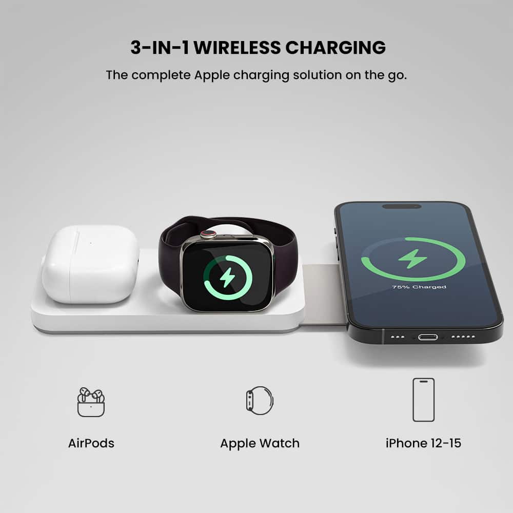 3-IN-1 WIRELESS CHARGING The complete Apple charging solution on the go. 4 8% Charged AirPods Apple Watch iPhone 12-15