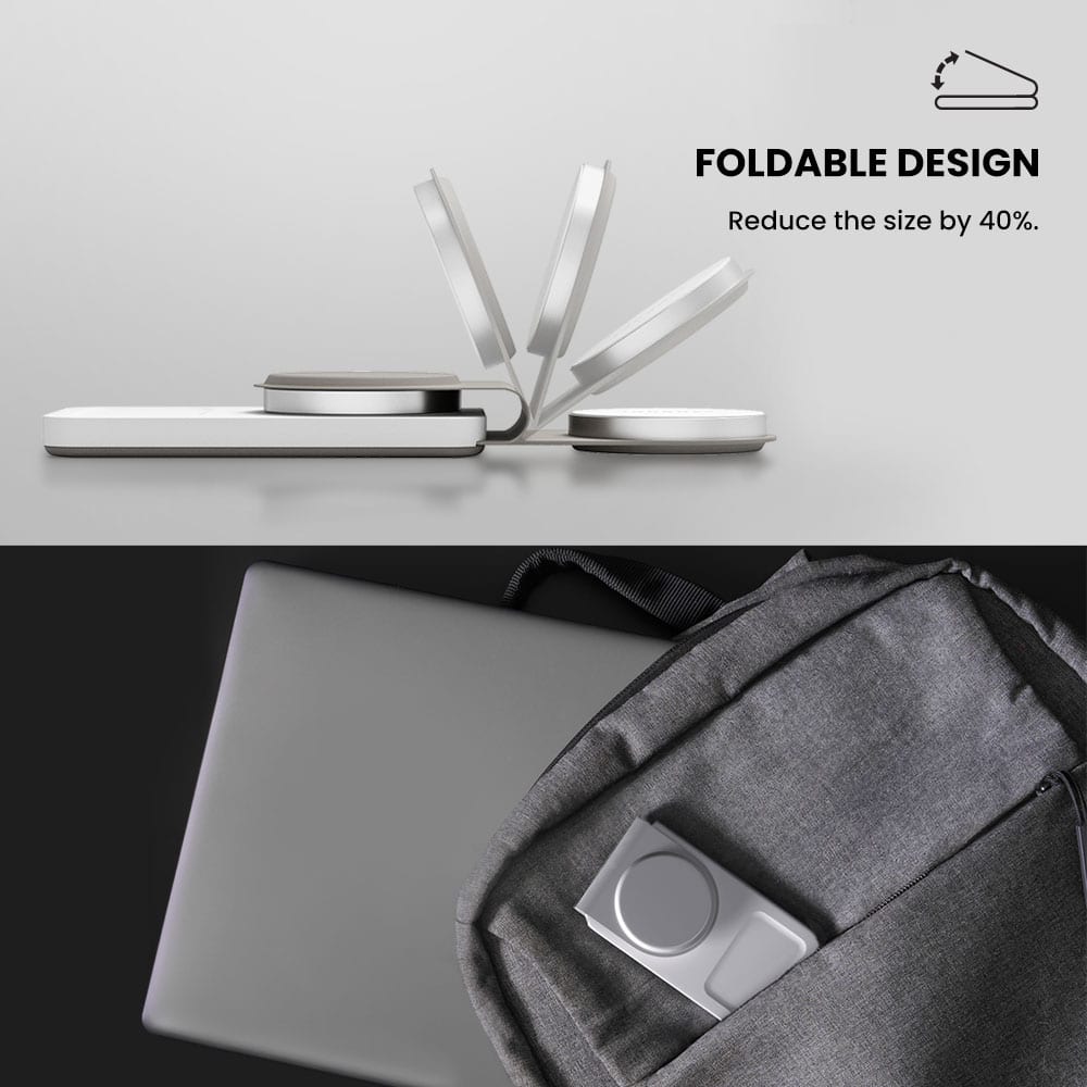 The image features a foldable design that reduces the size by 40%. This design is showcased in a grey backpack, which is placed on a table. The backpack contains a laptop and a cell phone, both of which are also foldable, further emphasizing the compact and space-saving nature of the design. The image highlights the convenience and practicality of this foldable design, making it an appealing choice for those looking to save space and travel light.