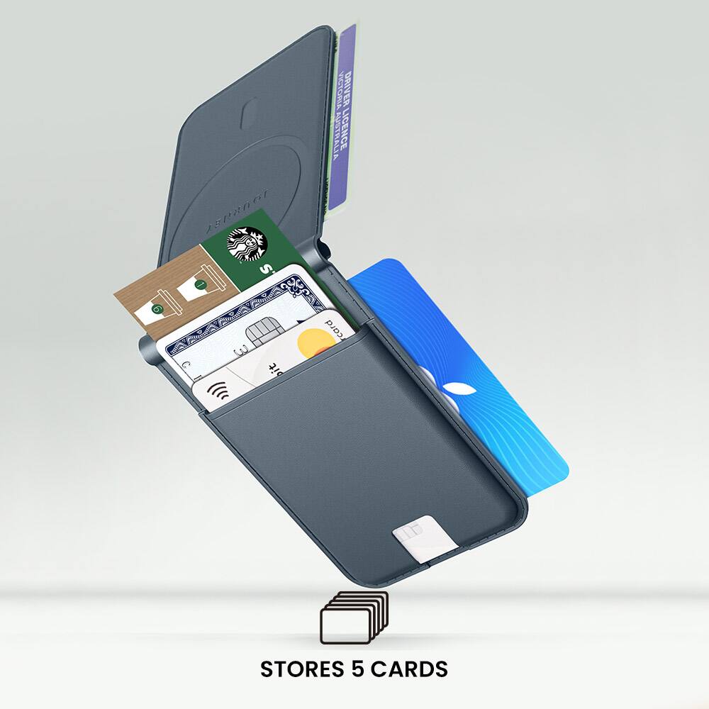 The image features a wallet that is open and has five cards inside. The wallet is designed to hold a driver's license, credit cards, and other essential cards. The wallet is made to store multiple cards in a compact and organized manner.