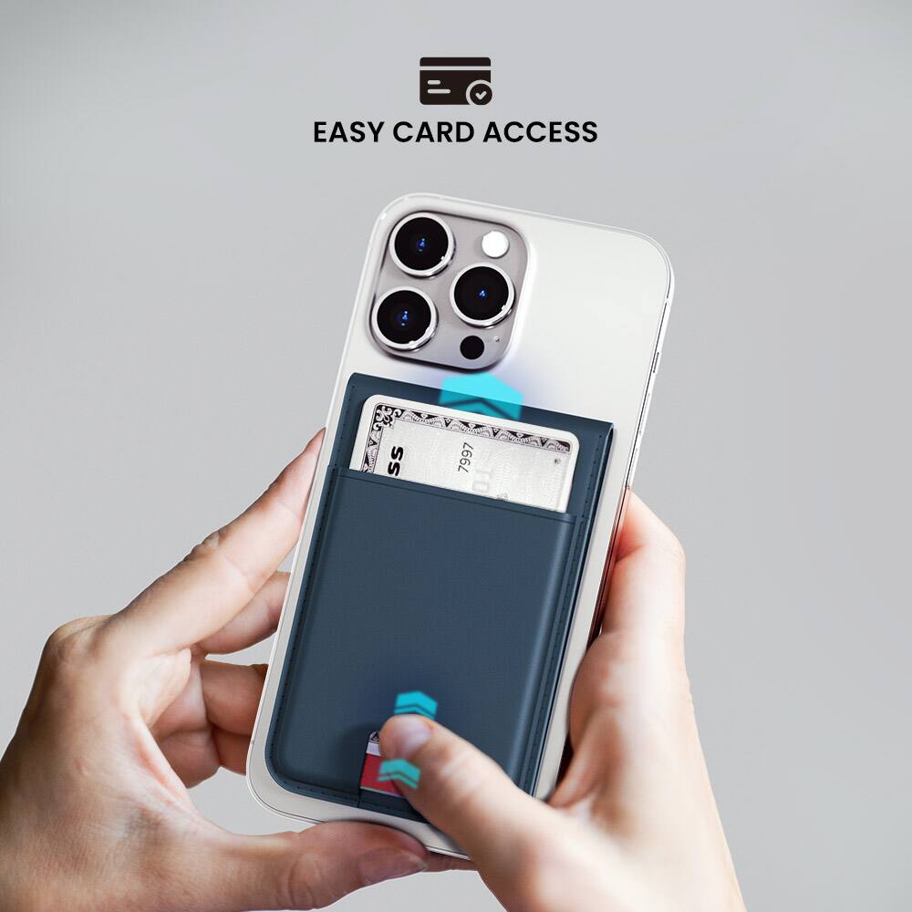 The image features a person holding a cell phone with a wallet case on it. The wallet case has a card slot, making it easy to access the card. The person's hand is seen pressing a button on the wallet case, possibly to open it or access the card. The image is categorized as Wallets_and_Clutches, and the text "EASY CARD ACCESS SS 7997" is displayed in the background.