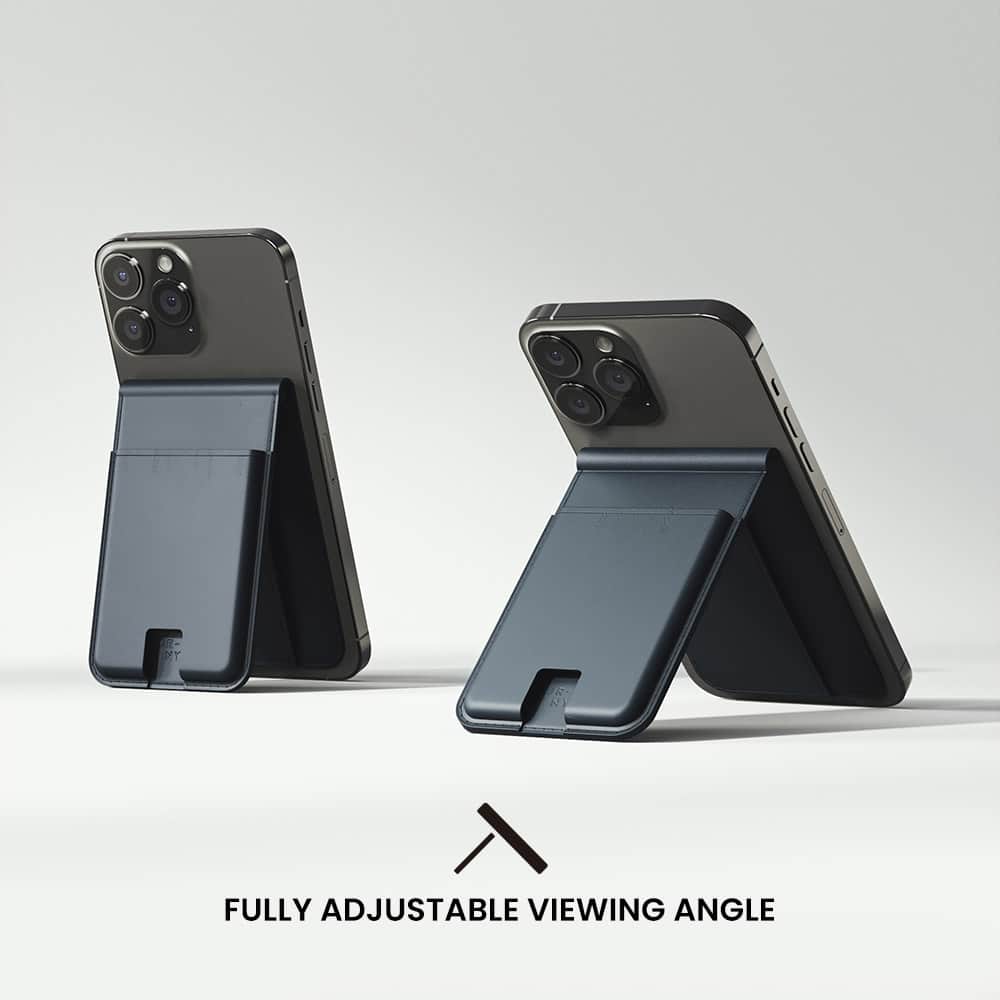 The image features a cell phone case that allows for a fully adjustable viewing angle. The case is designed to hold the cell phone securely and provide the user with the flexibility to change the viewing angle as needed. This innovative design makes it easier for the user to view the screen from various angles, providing a more comfortable and convenient experience.