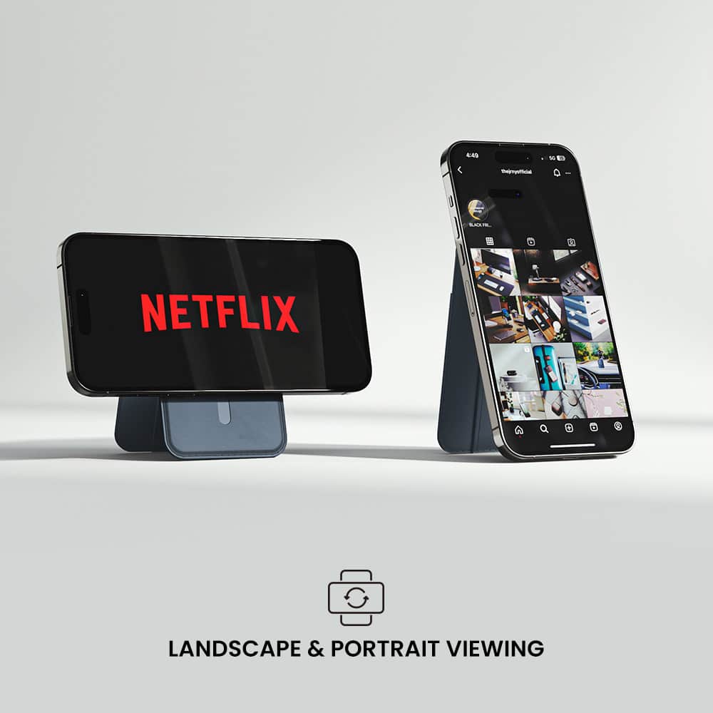 The image features a cell phone with a Netflix app on it, placed on a stand. The stand is designed to hold the phone at an optimal viewing angle for both landscape and portrait viewing. This setup is perfect for watching Netflix content on a larger screen or sharing the experience with others.
