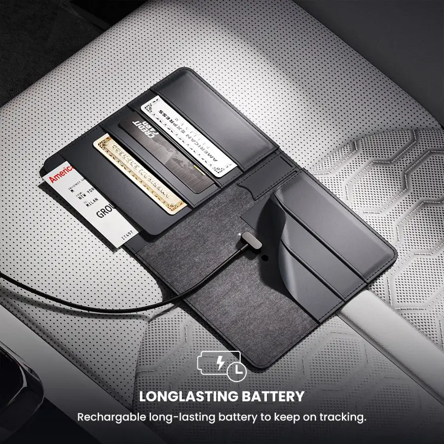The image features a wallet with a card in it, placed on a surface. The wallet is advertised as having a long-lasting battery, which is rechargeable and designed to keep on tracking. The wallet is likely a product of the company Express.
