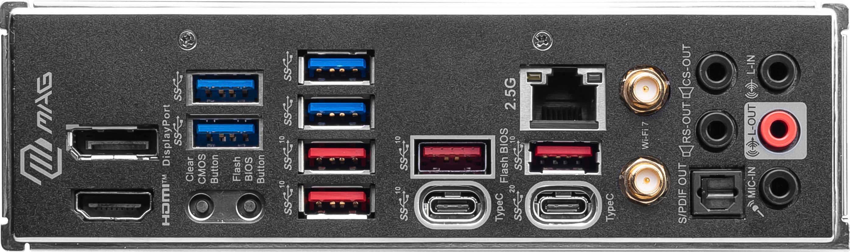 The text on the image reads:
"MAG SS DisplayPort SS Clear CMOS Button HOMIT Flash BIOS Button SS SS 10 sse.1 10 sse1 10 sse.1 10 sset 2.5G BIOS 10 Flash SS 20 TypeC sse2 TypeC 7 Wi-Fi 7 HCS-OUT B LRS-OUT OUT S/PDIF L-IN C I MIC-IN A"
This text appears to be a list of features and specifications for a computer or electronic device. It includes terms such as "DisplayPort," "Clear CMOS," "Flash BIOS," "TypeC," "Wi-Fi," and "S/PDIF," among others.