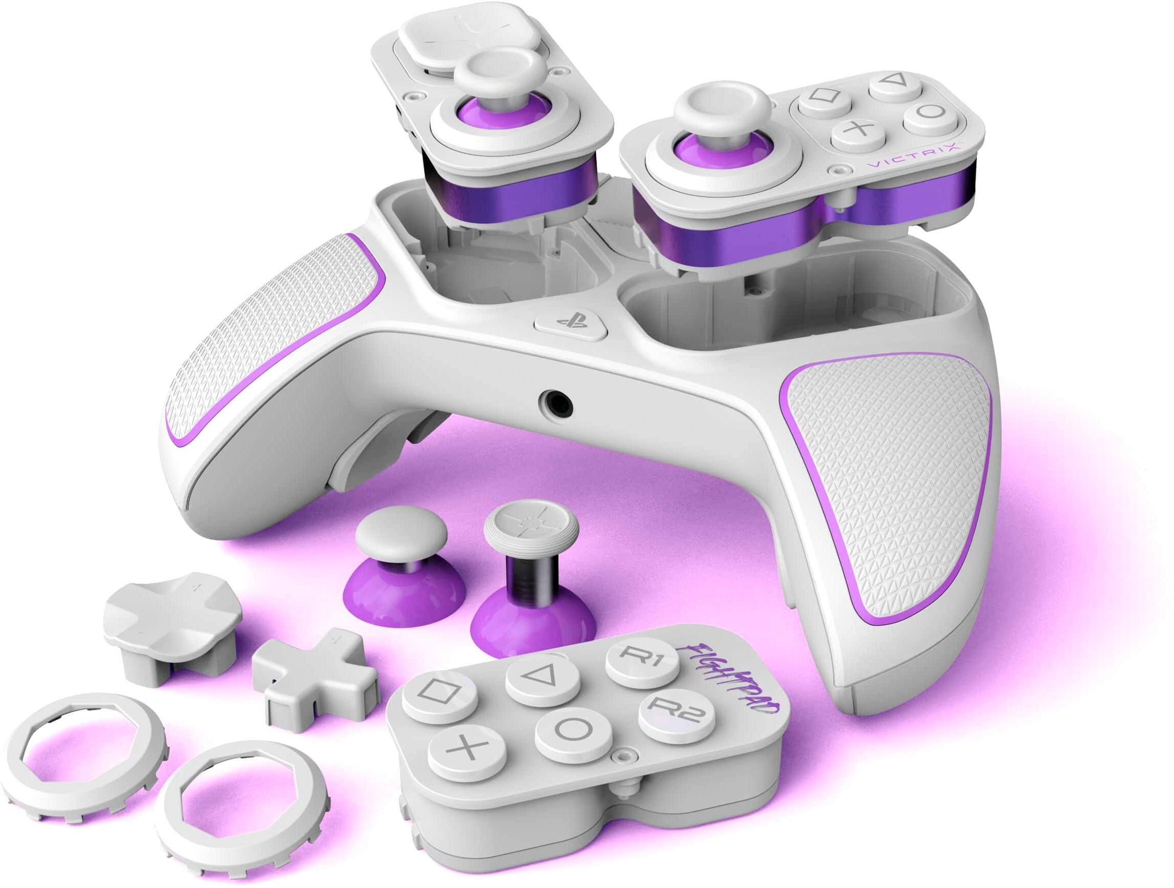 The text on the image reads: "Victrix Pro Fighter Controller + 2000mAh Battery + 8-bit Style Stickers."
