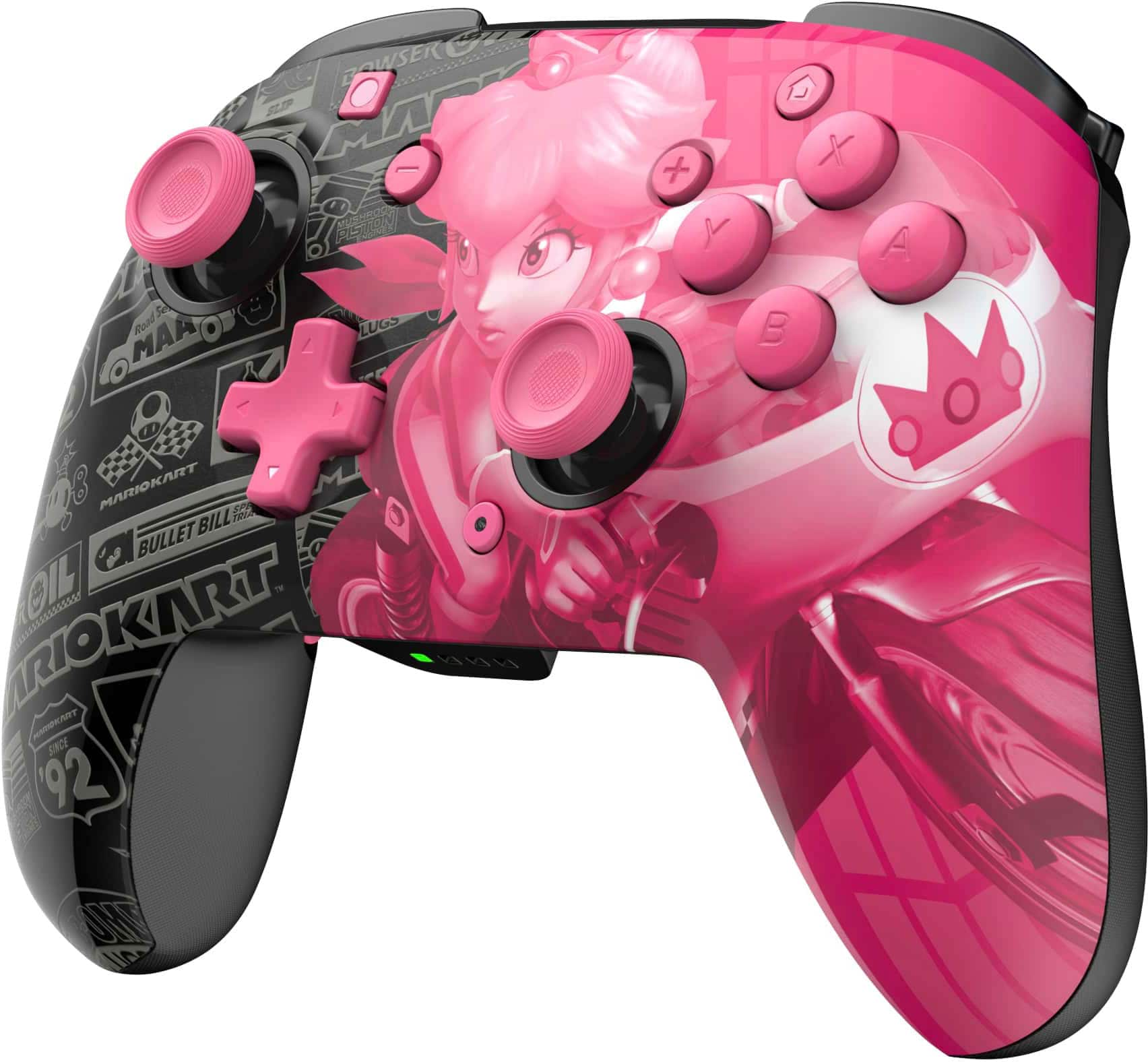 The image features a pink and black Nintendo Wii game controller with a Mario Kart theme. The controller has a picture of a woman on it, and the buttons are pink. The controller is designed to be used with the Wii gaming system, and it is likely used for playing various games, including Mario Kart.