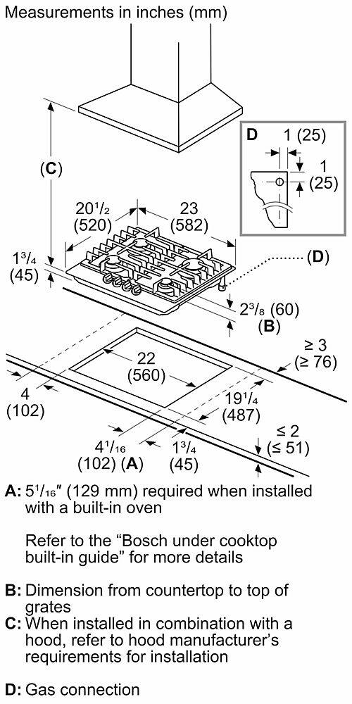Measurements in inches (mm) D 1 (25) (C) 201/2 (520) 13/4 (45) 23 (582) 1 (25) (D) 23/8 (60) (B) IV 3 22 <) (76) (560) 4 191/4 (102) (487) <2 41/16 13/4 (<51) (102) (A) (45) A: 51/16" (129 mm) required when installed with a built-in oven Refer to the "Bosch under cooktop built-in guide" for more details B: Dimension from countertop to top of grates C: When installed in combination with a hood, refer to hood manufacturer's requirements for installation D: Gas connection