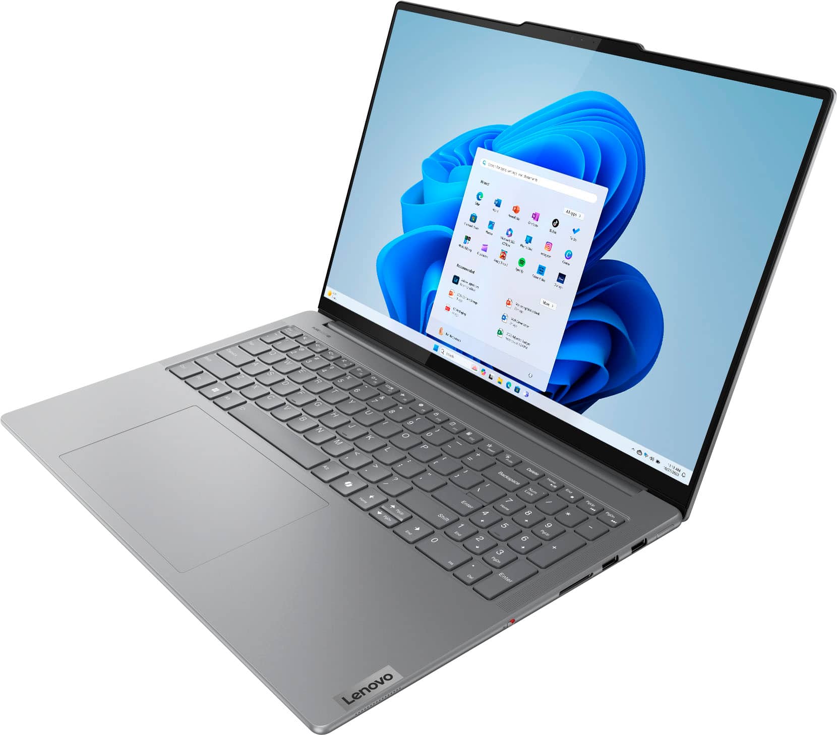 The image features a Lenovo laptop computer with a blue background. The laptop is open, and its screen displays a blue and white image. The laptop is positioned in a way that it is easy to see the keyboard and the screen. The overall scene is clean and well-organized, with no distractions or clutter.