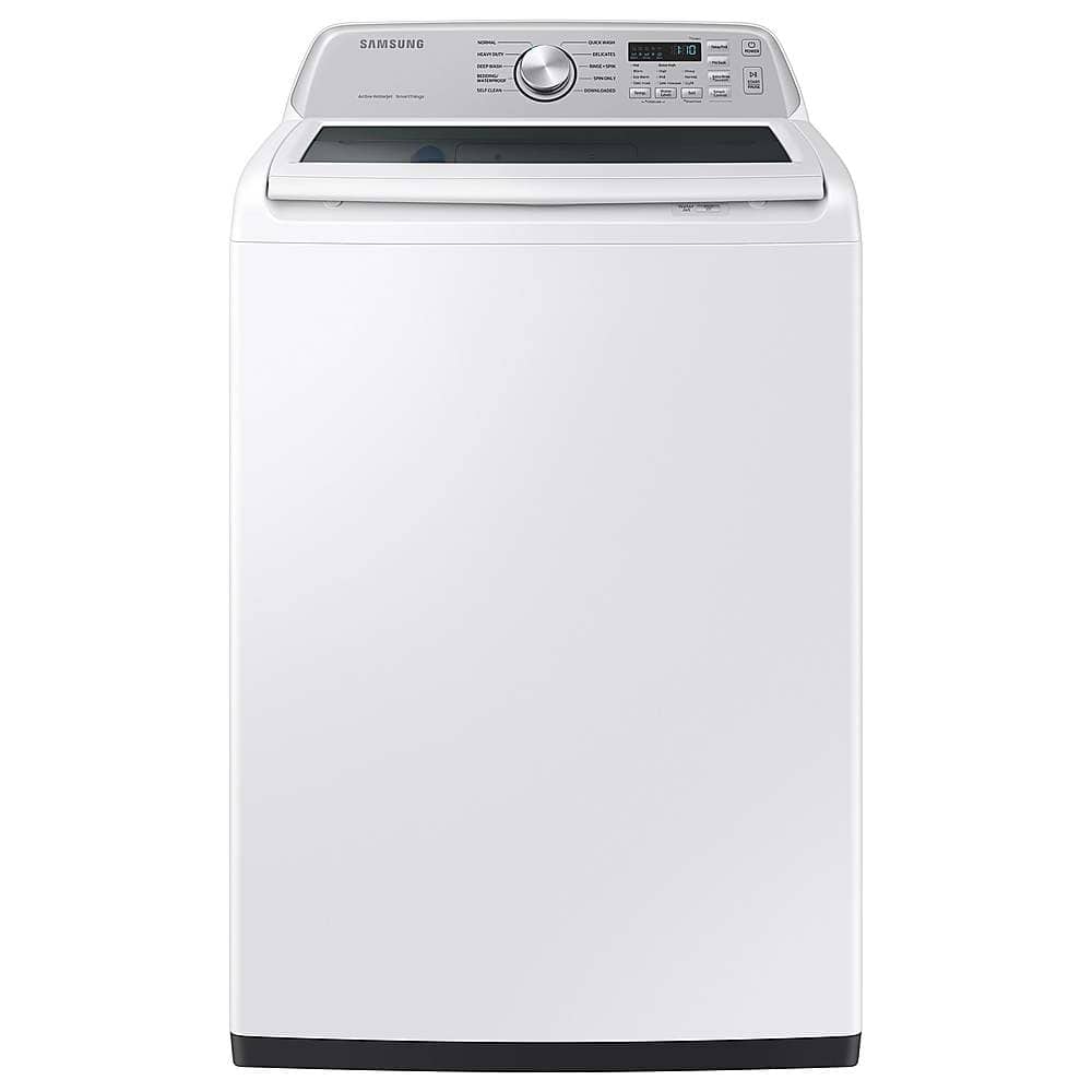 Front. Samsung - Open Box 4.7 Cu. Ft. High-Efficiency Smart Top Load Washer with Active WaterJet - White.