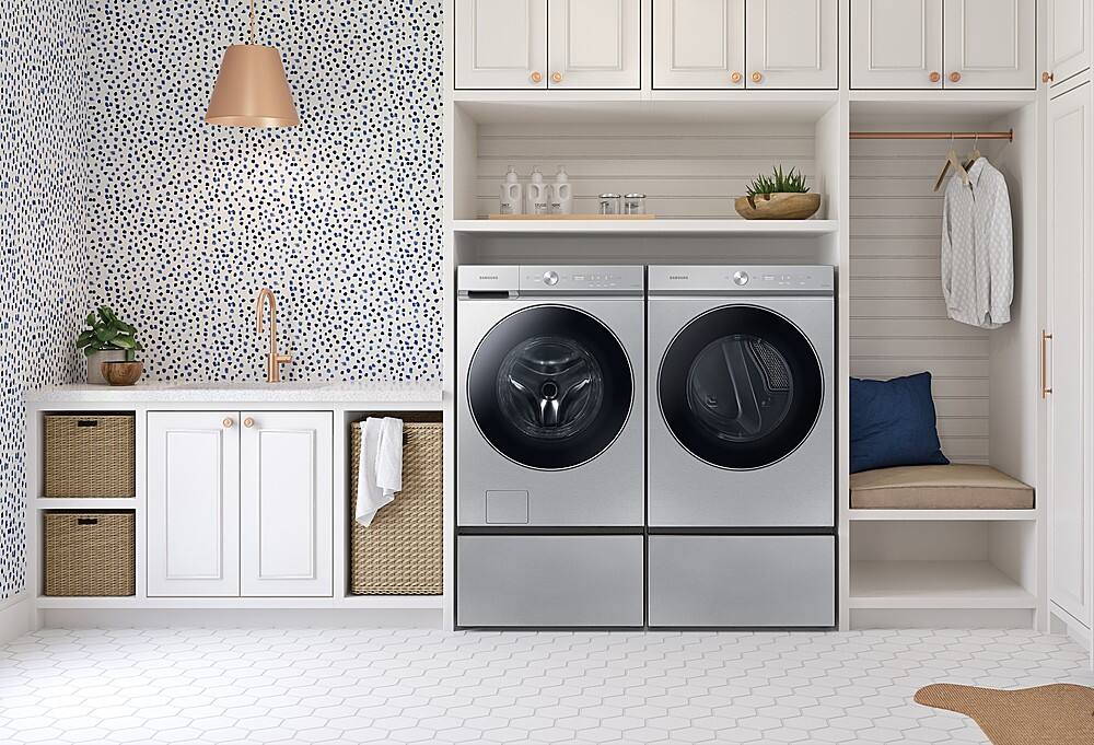 Alt View 24. Samsung - Open Box BESPOKE 7.6 Cu. Ft. Stackable Smart Gas Dryer with Steam and AI Optimal Dry - Silver Steel.