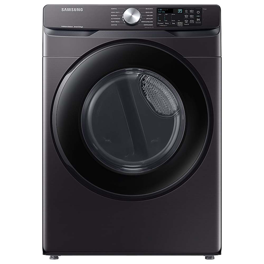 Front. Samsung - Open Box 7.5 Cu. Ft. Stackable Smart Electric Dryer with Sensor Dry - Brushed Black.