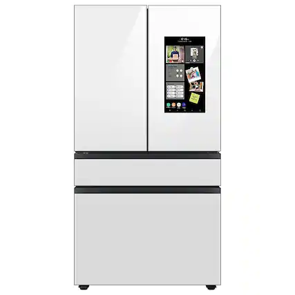 Front. Samsung - Open Box BESPOKE 29 cu. ft. 4-Door French Door Smart Refrigerator with Family Hub - White Glass.