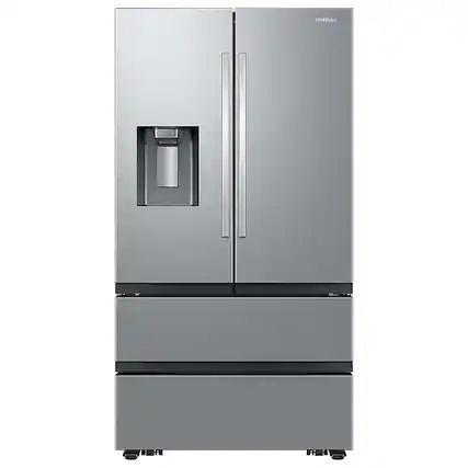 Front. Samsung - Open Box 25 cu. ft. 4-Door French Door Counter Depth Smart Refrigerator with Four Types of Ice - Fingerprint Resistant Stainless Steel.