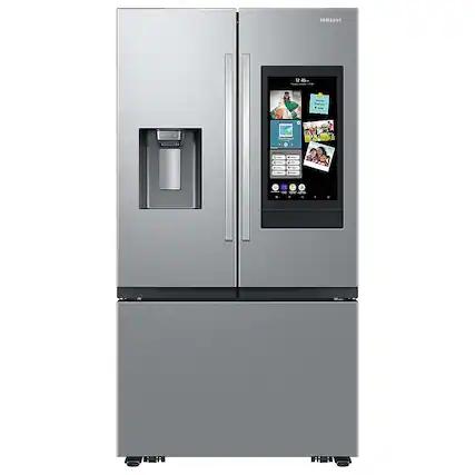 Front. Samsung - Open Box 30 cu. ft. 3-Door French Door Smart Refrigerator with Family Hub - Stainless Steel.