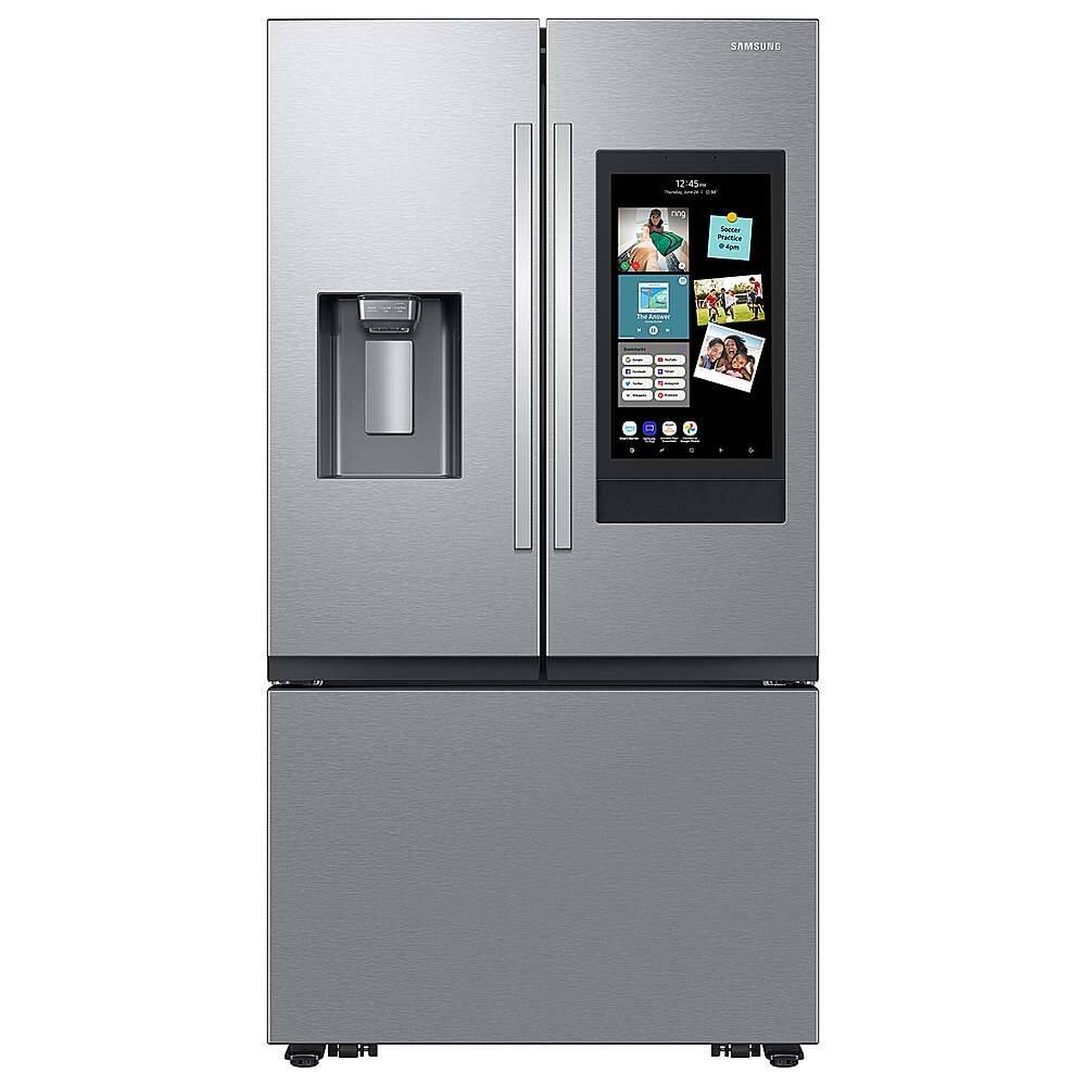 Front. Samsung - Open Box 30 cu. ft. 3-Door French Door Smart Refrigerator with Family Hub - Stainless Steel.