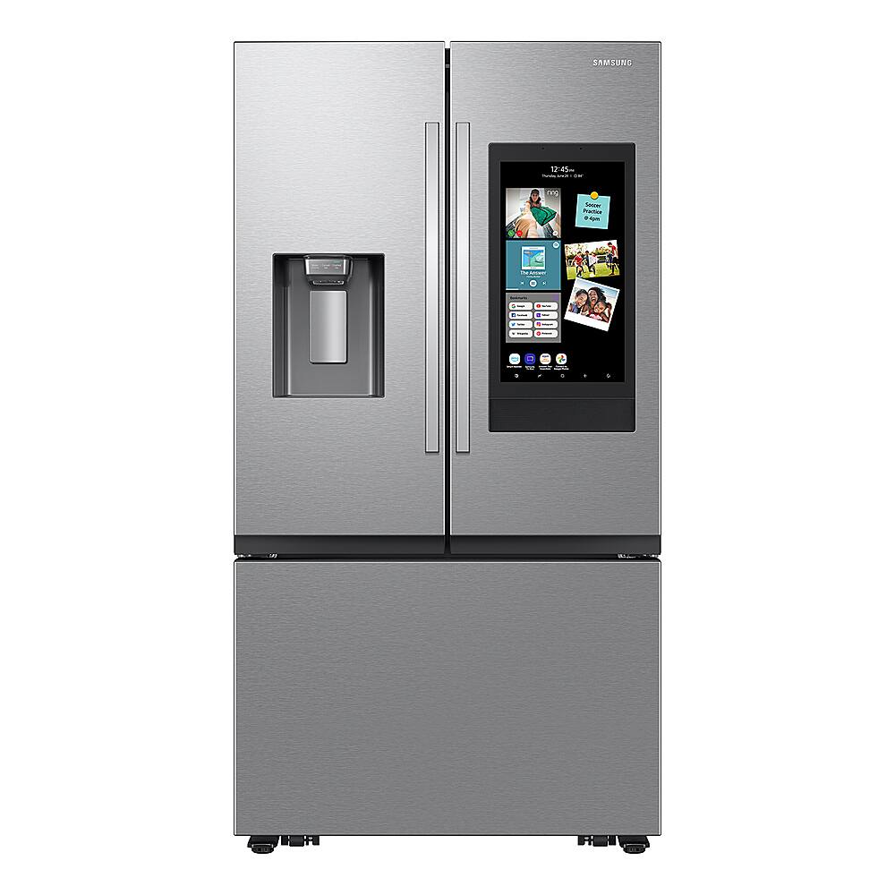 Front. Samsung - Open Box 25 cu. ft. 3-Door French Door Counter Depth Smart Refrigerator with Family Hub - Stainless Steel.