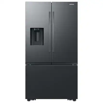 Front. Samsung - Open Box 31 cu. ft. 3-Door French Door Smart Refrigerator with Four Types of Ice - Fingerprint Resistant Matte Black Steel.