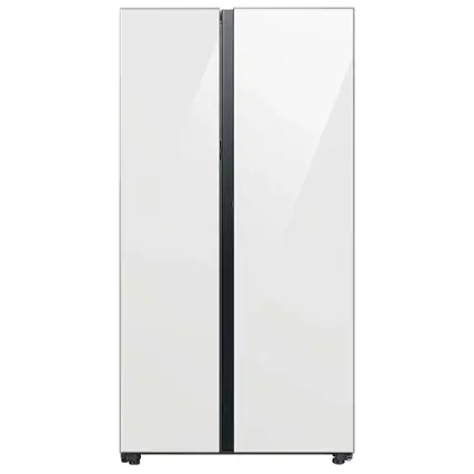 Front. Samsung - Open Box BESPOKE Side-by-Side Smart Refrigerator with Beverage Center - White Glass.