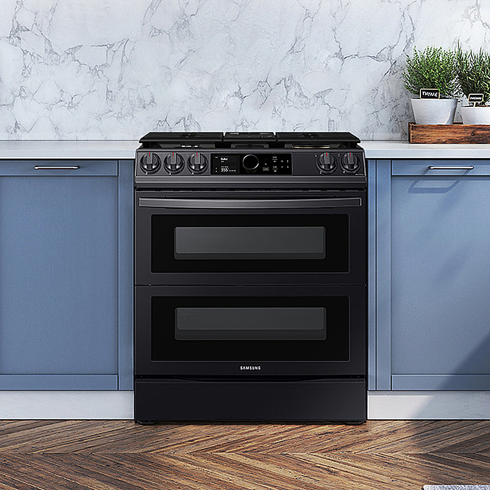 Samsung - Open Box Flex Duo 6.3 cu. ft.  Front Control Slide-in Dual Fuel Range with Smart Dial, Air Fry & WiFi - Black Stainless Steel