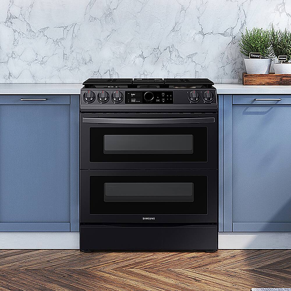 Alt View 11. Samsung - Open Box Flex Duo 6.3 cu. ft.  Front Control Slide-in Dual Fuel Range with Smart Dial, Air Fry & WiFi - Black Stainless Steel.