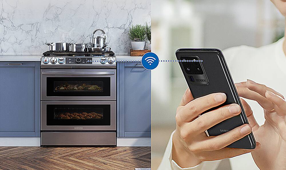 Alt View 32. Samsung - Open Box Flex Duo 6.3 cu. ft. Front Control Slide-in Dual Fuel Range with Smart Dial, Air Fry & WiFi - Stainless Steel.