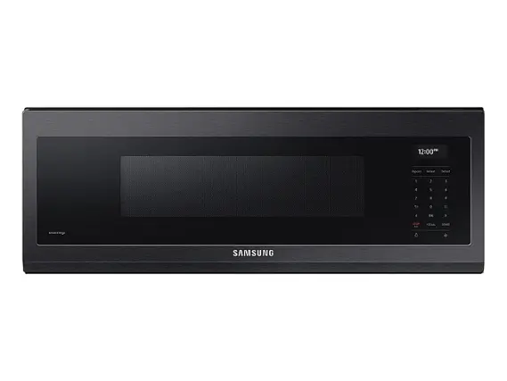 Front. Samsung - Open Box 1.1 cu. ft. Smart SLIM Over-the-Range Microwave with 550 CFM Hood Ventilation, Wi-Fi & Voice Control - Black Stainless Steel.