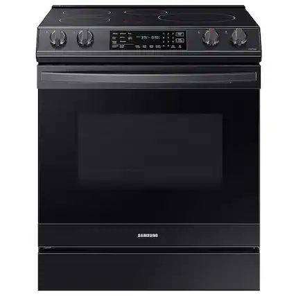 Front. Samsung - Open Box 6.3 cu. ft. Smart Instant Heat Slide-in Induction Range with Air Fry & Convection+ - Black Stainless Steel.