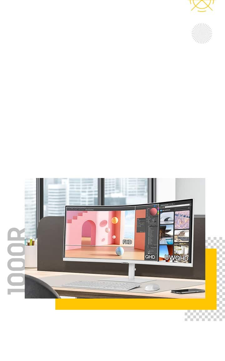 The image features a computer setup with a large monitor, a keyboard, and a mouse. The monitor is described as being 1000R FHD, which indicates that it has a resolution of 1920 x 1080 pixels. The monitor is also described as being QHD, which means it has a resolution of 2560 x 1440 pixels. Additionally, the monitor is referred to as being UWQHD, which means it has a resolution of 3840 x 2160 pixels. The presence of multiple descriptions for the monitor's resolution suggests that it is a high-quality display with a range of resolution options.