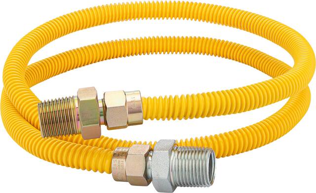 The image features a yellow hose with two silver fittings on either end. The hose is coiled up and placed on a white background. The hose appears to be made of rubber and is designed for water or other liquid applications.