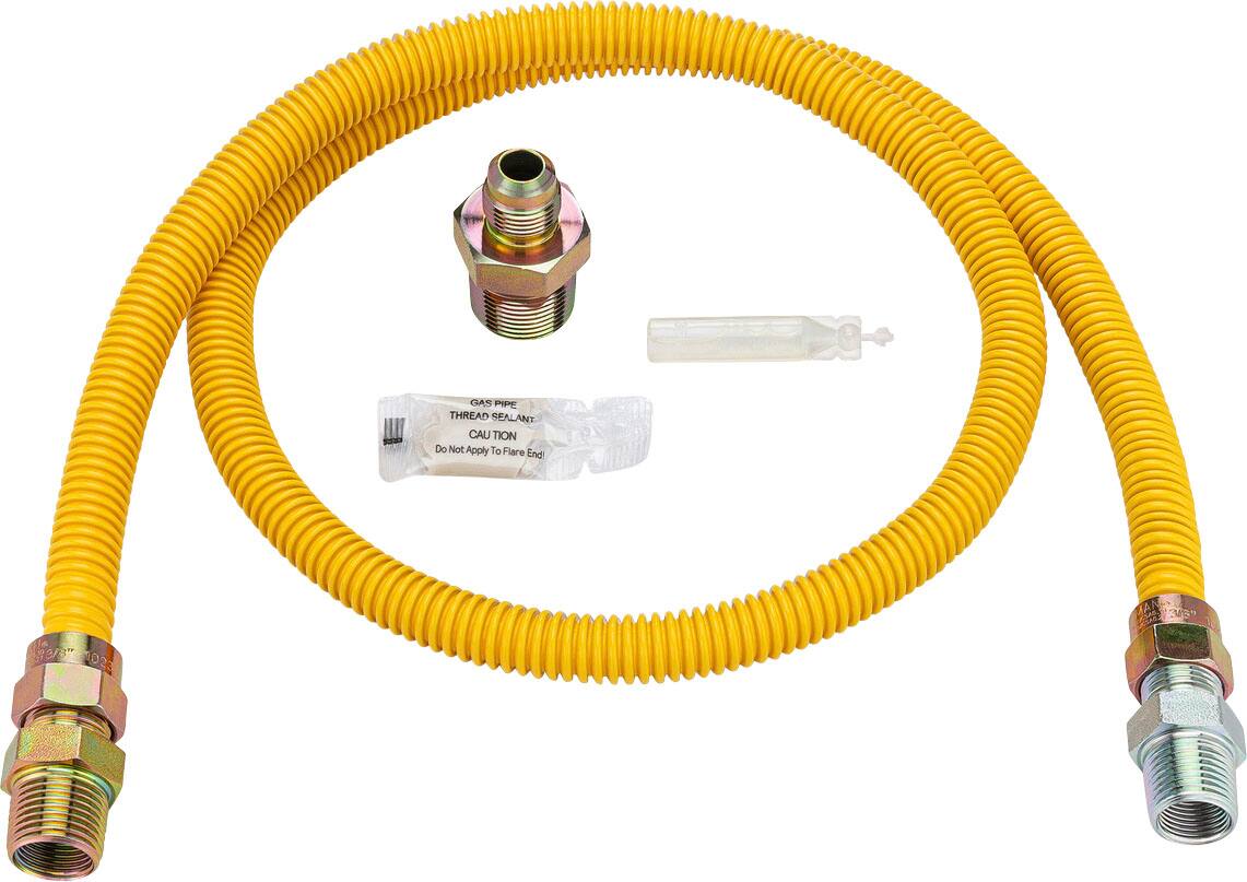 The image features a yellow hose with a connector and a label on it. The hose is connected to a valve, and there is a bottle nearby. The label on the hose indicates that it is a "CAS - THREAD SEA ANE CAU RON" hose, which is likely designed for use in marine or industrial applications. The hose appears to be well-maintained and ready for use.
