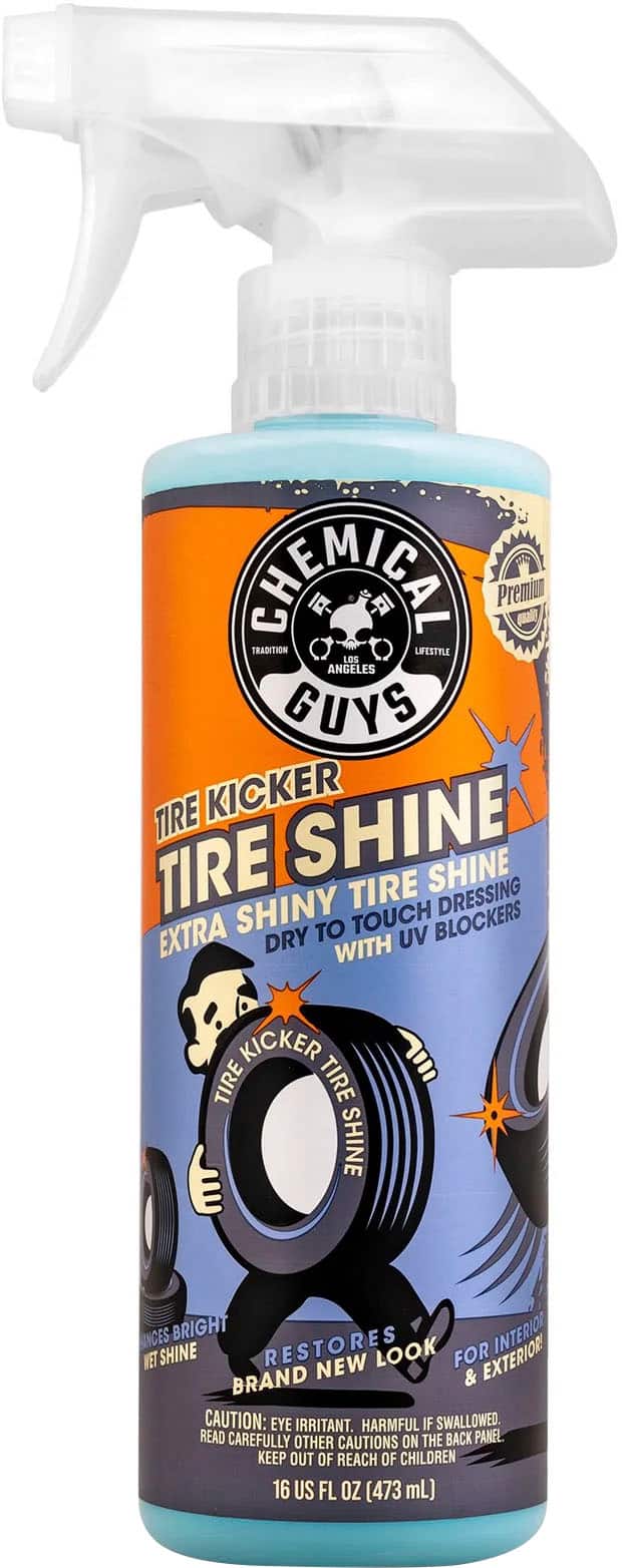 Chemical Guys Tire Kicker Tire Shine is a product that is designed to make tires look shiny and new. It is an orange bottle with a blue liquid inside, and it is made by the Chemical Guys brand. The product is designed to enhance the appearance of tires by providing a protective coating that also helps to prevent dirt and grime from sticking to the tires. It is available in a 16 US FL OZ (473 mL) size and is suitable for use on both interior and exterior tires. However, it is important to read the caution labels on the back panel and keep the product out of reach of children.