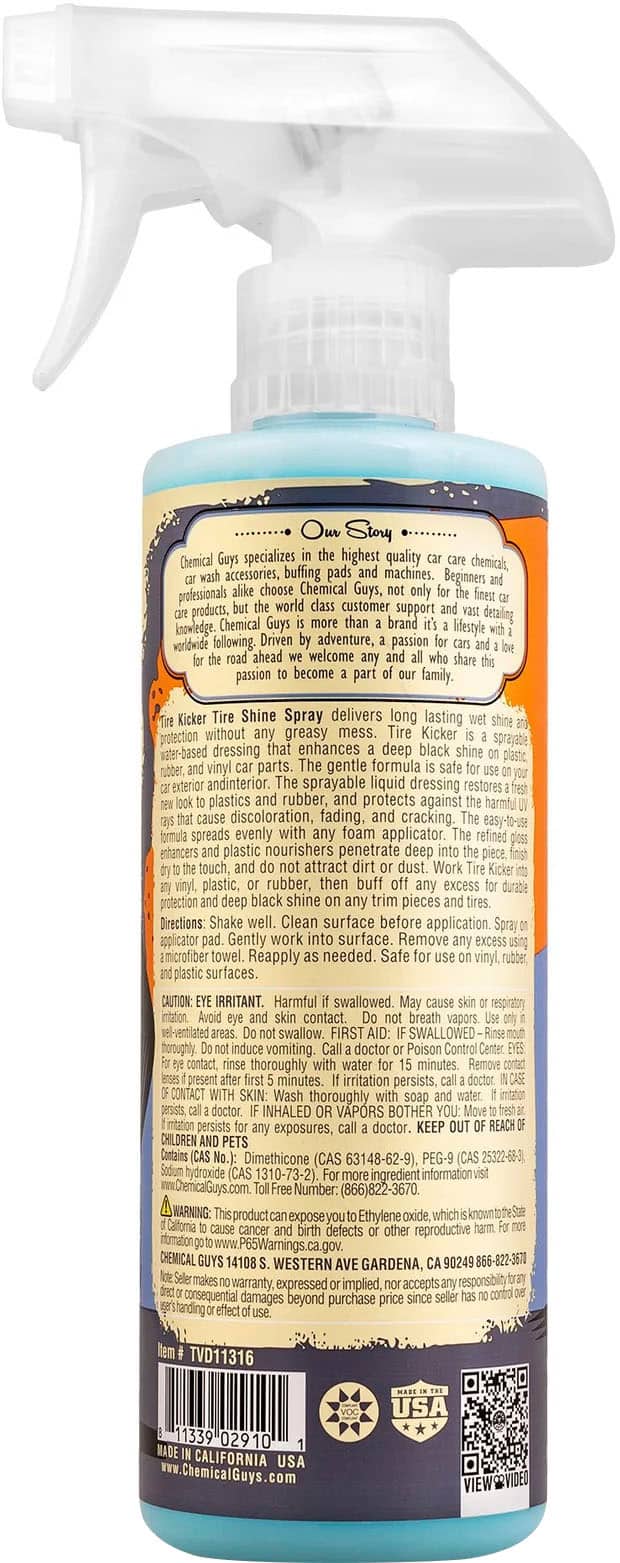 Our Story Chemical Guys specializes in the highest quality chemicals, accessories, and buffing pads for machines. Both beginners and professionals choose Chemical Guys for their products and world-class customer support. The brand is known for detailing and has a passionate following worldwide. Driven by adventure and passion, Chemical Guys welcomes those who share the same enthusiasm to join their family.
The Kicker Shine Spray delivers long-lasting protection without leaving a greasy mess. The Kicker dressing enhances the deep black shine on vinyl parts, and its gentle formula protects both exterior and interior surfaces from harmful discoloration and fading. The easy-to-use formula spreads evenly with a foam applicator, and the refined enhancers and plastic nourishers penetrate deep into the surface with just a touch, attracting dust.
To use the Kicker Shine Spray, shake well, clean the surface before application, spray the applicator pad, gently work the surface, remove excess with a microfiber towel, and reapply as needed.