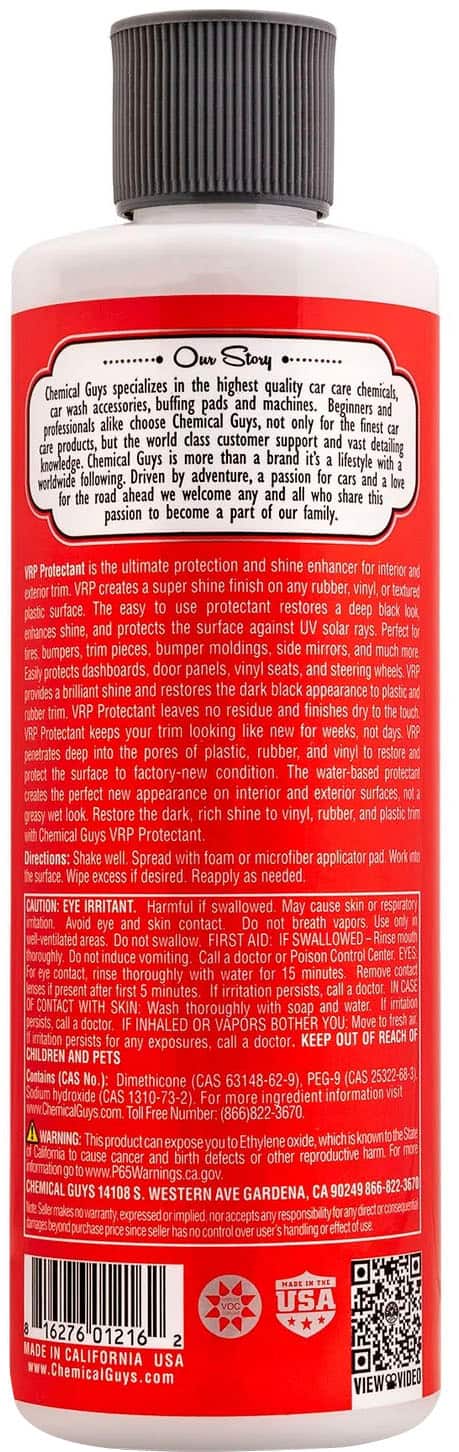 Story Chemical specializes in the highest quality chemicals, accessories, and buffing pads for machines. Beginners choose Chemical Guys, while professionals worldwide trust their products and customer support. The Chemical Guys brand represents a lifestyle of adventure, passion, and forward-thinking. They welcome passionate individuals to join their family.
The ultimate protection and shine enhancer creates a super shine finish on rubber, vinyl, and textured surfaces. The protectant restores entrances, shine, and protects surfaces against bumpers, pieces, and moldings. It also protects mirrors, dashboards, door panels, and vinyl seats. The shine enhancer provides a brilliant shine and restores the black appearance of various surfaces. The protectant leaves no residue on finishes and keeps surfaces looking new for weeks. It penetrates pores in plastic, rubber, and vinyl surfaces, maintaining a factory-new condition. The water-based protectant is perfect for restoring dark and shine to vinyl, rubber, and plastic surfaces.
To use the Chemical Guys Protectant, spread the foam microfiber applicator onto the surface and gently work it in, following the directions provided.