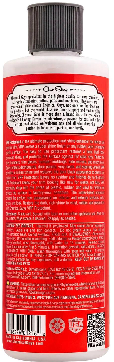 Story Chemical specializes in the highest quality chemicals, accessories, and buffing pads for machines. Beginners choose Chemical Guys, while professionals worldwide trust their products and customer support. The Chemical Guys brand represents a lifestyle of adventure, passion, and forward-thinking. They welcome passionate individuals to join their family.

The ultimate protection and shine enhancer creates a super shine finish on rubber, vinyl, and textured surfaces. The protectant restores entrances, shine, and protects surfaces against bumpers, pieces, and moldings. It also protects mirrors, dashboards, door panels, and vinyl seats. The shine enhancer provides a brilliant shine and restores the black appearance of various surfaces. The protectant leaves no residue on finishes and keeps surfaces looking new for weeks. It penetrates pores in plastic, rubber, and vinyl surfaces, maintaining a factory-new condition. The water-based protectant is perfect for restoring dark and shine to vinyl, rubber, and plastic surfaces.

To use the Chemical Guys Protectant, spread the foam microfiber applicator onto the surface and gently work it in, following the directions provided.