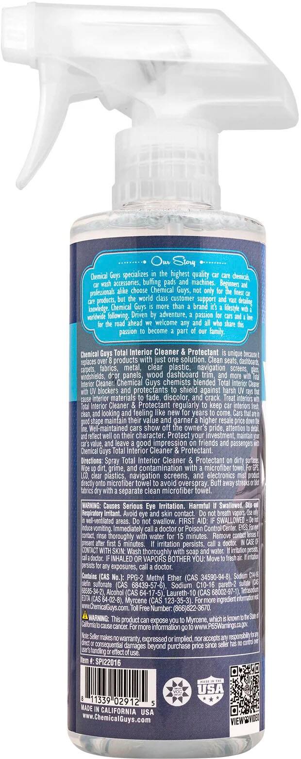 Story Chemical specializes in high-quality detailing accessories, buffing pads, and machines. Beginners and professionals choose Chemical Guys products for their customer support, detailed knowledge of the brand, and Restyle worldwide following Driven adventure, passion ahead, welcome passion become family Chemical Guys. The Chemical Interior Cleaner Protectant is unique because it replaces multiple products with a single solution. It can clean seats, dashboards, carpets, fabrics, metal, plastic, navigation screens, windshields, panels, and wood dashboard trim. Chemical Guys chemists have blended Interior Cleaner Protectant to block and protect against interior materials discoloring or cracking. Regularly maintaining your interiors with this product will keep them looking and feeling great for years, maintaining the value and garnering a higher resale price. Protect your investment and maintain a good impression on friends and passengers with Chemical Interior Cleaner Protectant. Directions: Spray Interior Cleaner Protectant onto grime and contamination, then wipe with a microfiber cloth.