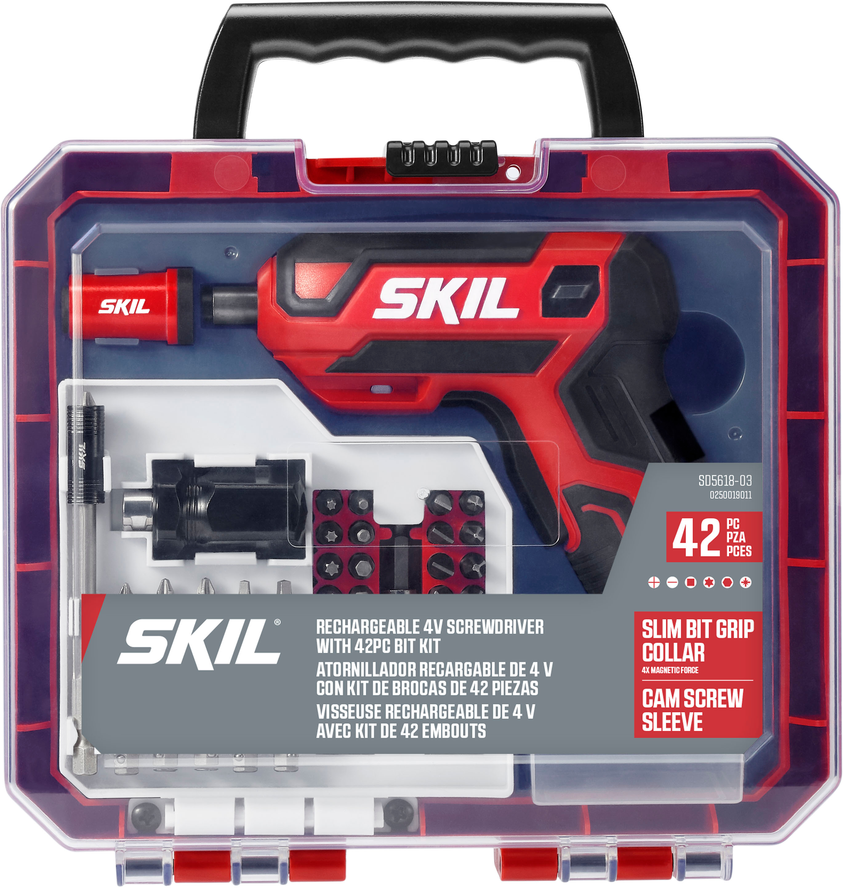 Left View: SKIL Rechargeable 4V CordlessPistol Grip Screwdriver with kit - red/black