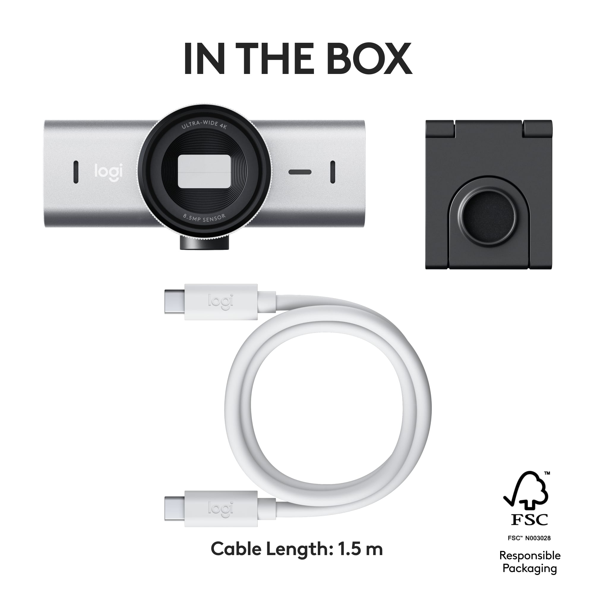 In the box, there is an ultra-wide 4K camera with a 8.5MP sensor. The cable length is 1.5 meters. The product is made by Logi and is environmentally friendly, as it is packaged responsibly.