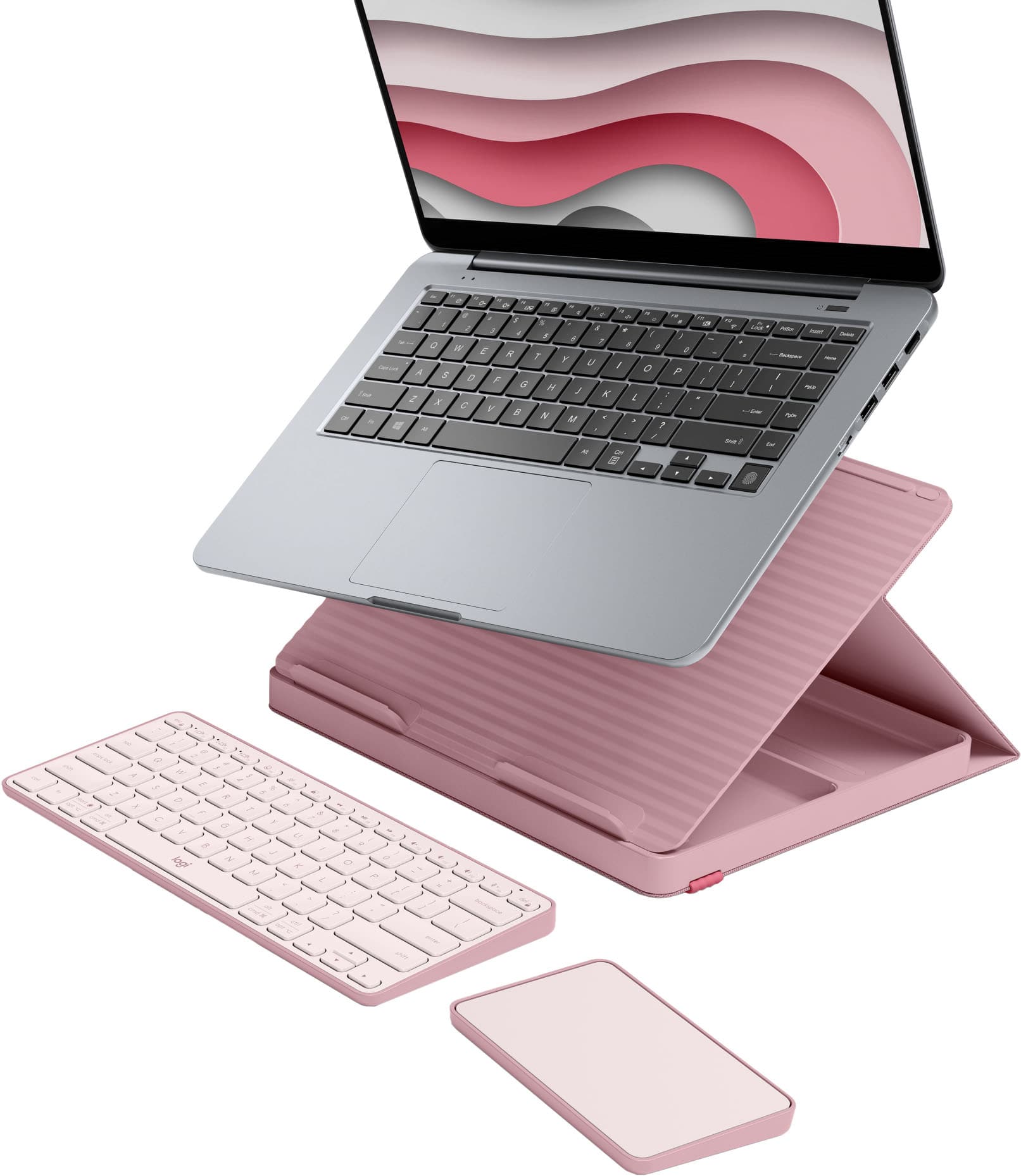 Front. Logitech - Casa Pop-Up Desk Work From Home Compact Wireless Scissor Keyboard Touchpad & Laptop Stand for Laptop/MacBook(10” to 17”) - Bohemian Blush.
