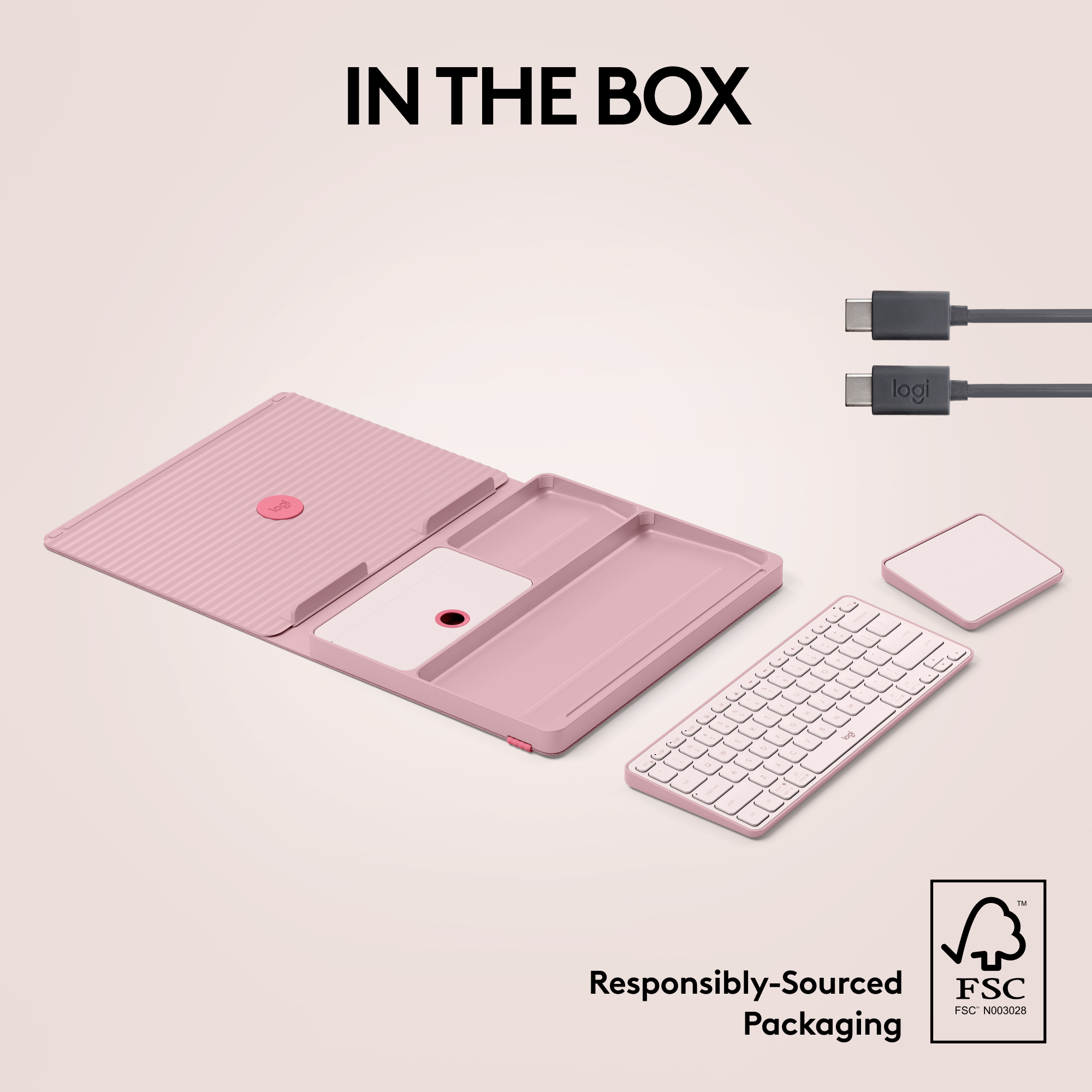 In the box, there is a Logi G keyboard and a mouse. The keyboard and mouse are both pink and white. The keyboard is a wireless keyboard, and the mouse is a wireless mouse. The packaging is made from responsibly-sourced FSC materials.
