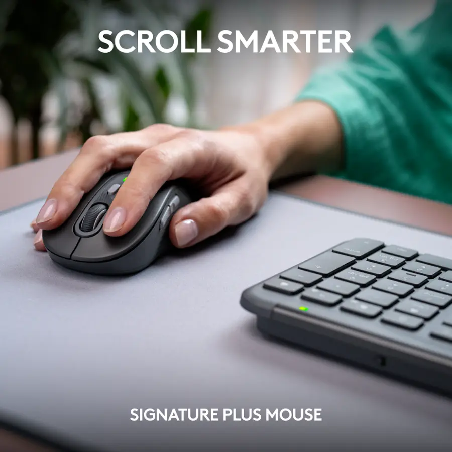 The text on the image reads "Scroll Smarter Laptop and Signature Plus Mouse."