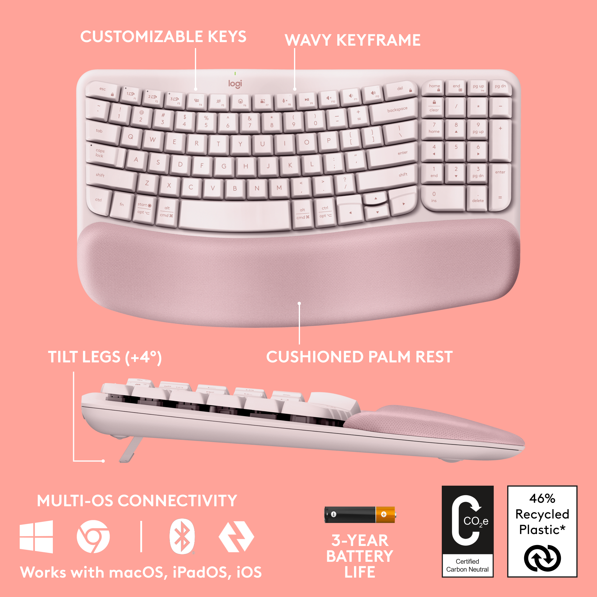 Logitech Wave Keys Ergonomic Wireless Keyboard for Windows/Mac with