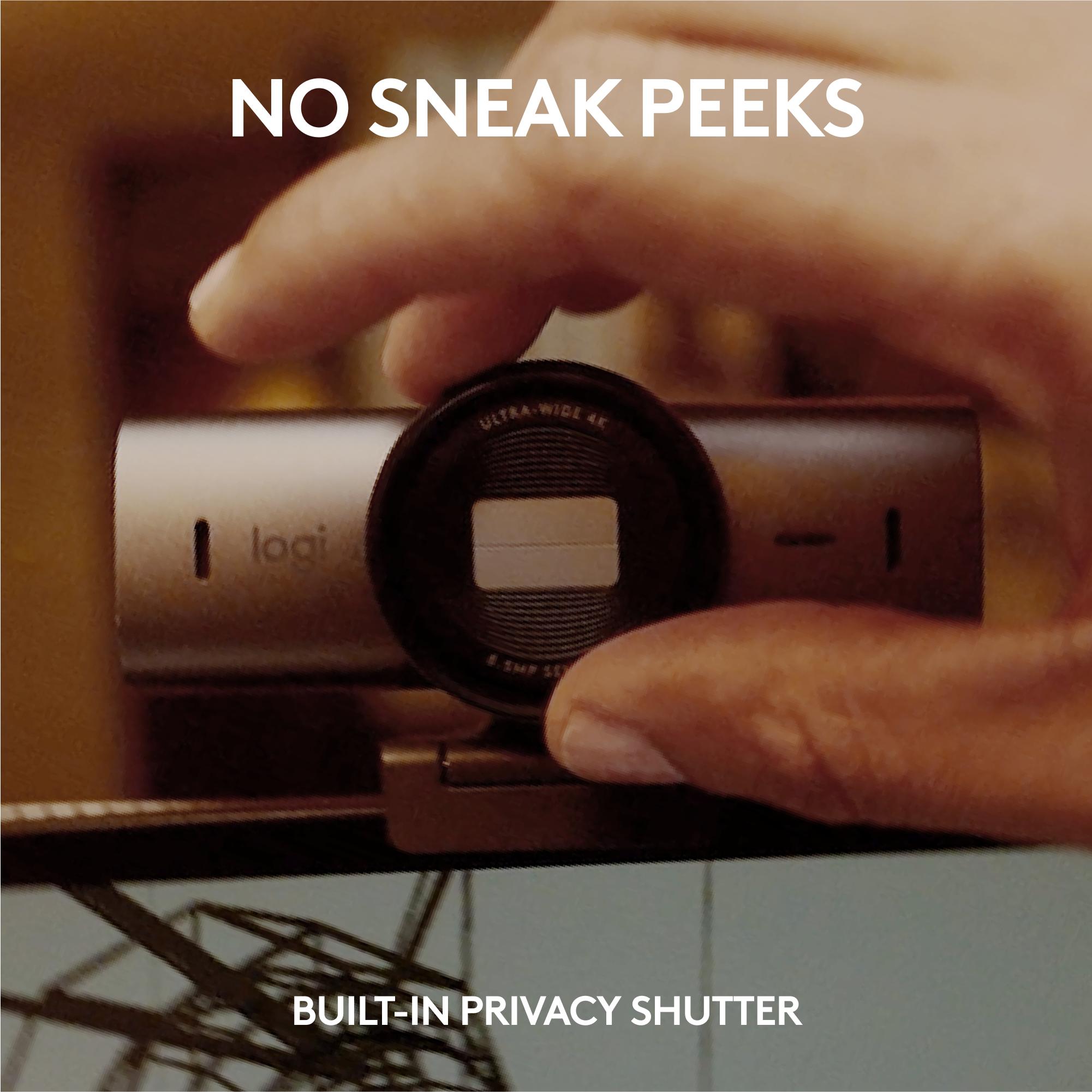The text on the image reads: "No Sneak Peeks Ultra-Wide Wide 4K Logi SMP SE Built-In Privacy Shutter."