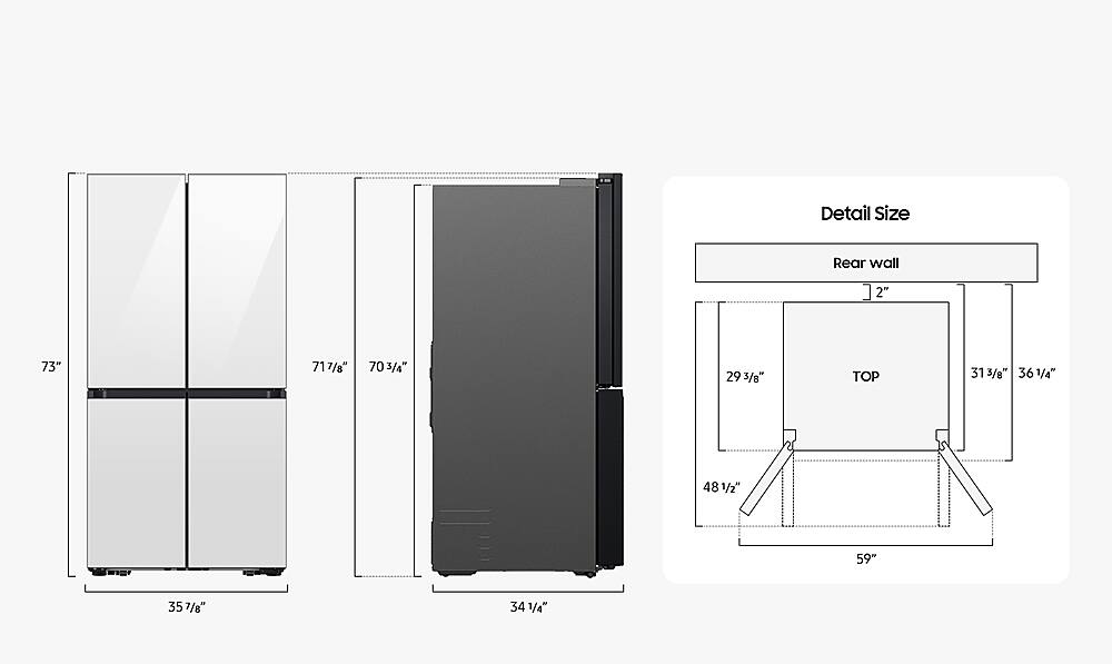 The image features a full-size refrigerator with a detailed size chart. The refrigerator is shown in two different views: one with the doors open and another with the doors closed. The chart provides measurements for the height, width, and depth of the refrigerator, as well as the dimensions of the top, bottom, and sides. The chart also includes the interior dimensions, such as the height and width of the shelves, to help customers better understand the available space inside the refrigerator.