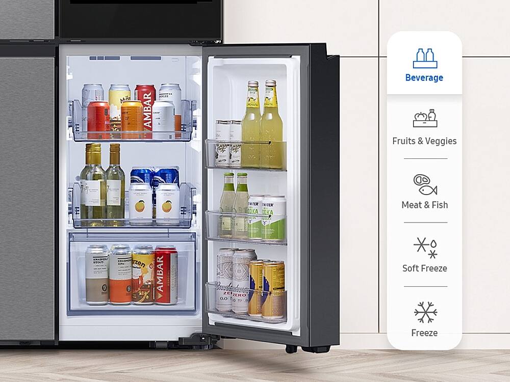 The image features a large refrigerator with its door open, revealing a well-stocked interior. The refrigerator is filled with various beverages, including multiple bottles of water, juice, and soda. There are also several fruits and vegetables stored inside, such as bananas, apples, and carrots. The refrigerator is designed to keep the food fresh and organized, making it a convenient and functional appliance for a household.
