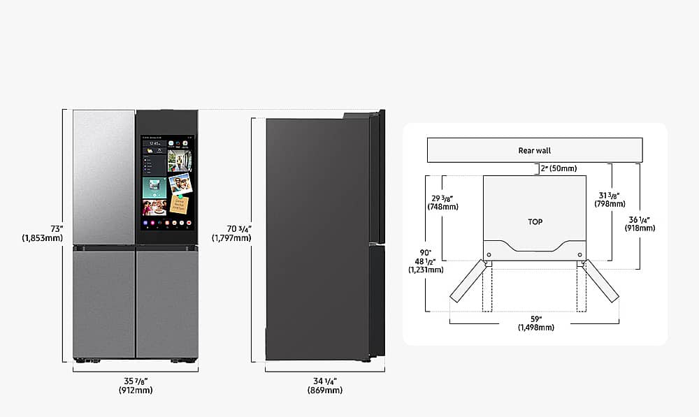 The largest text in the image reads "Full Size Refrigerators." The image features a refrigerator and a freezer, with the refrigerator being 70 3/4" (1,797mm) tall and the freezer being 90 48 1/2" (1,231mm) tall. The refrigerator is 31 3/8" (798mm) wide, while the freezer is 36 1/4" (918mm) wide. The refrigerator is 59" (1,498mm) tall, and the freezer is 35 357/8" (912mm) tall. The refrigerator is also 34 1/4" (869mm) wide.