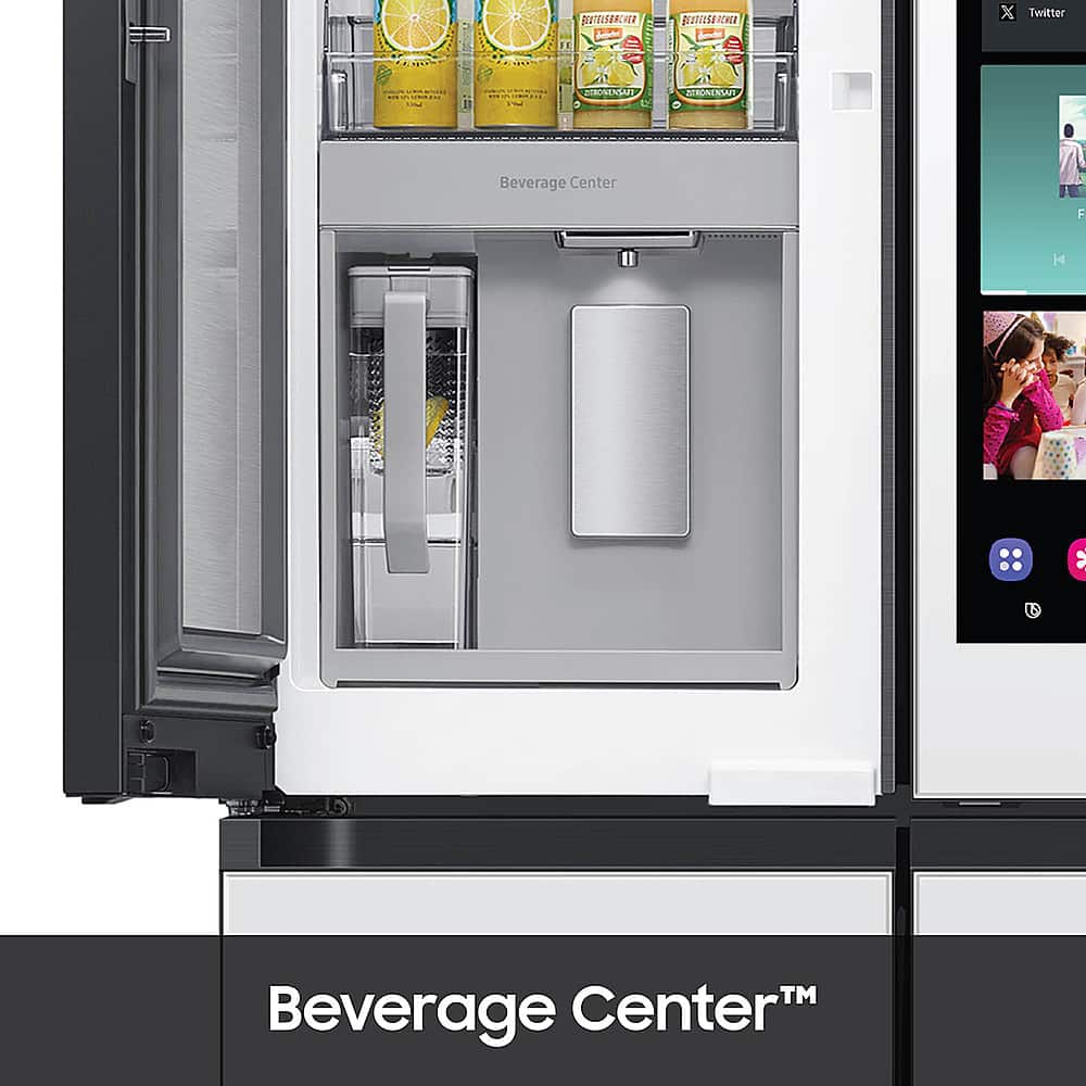 The image features a large refrigerator with a door open, revealing a Beverage Center inside. The refrigerator is filled with various drinks, including multiple bottles of juice and water. The drinks are organized neatly, making it easy for users to access their preferred beverages. The refrigerator is designed to store and chill drinks, providing a convenient and efficient way to keep beverages cold and fresh.