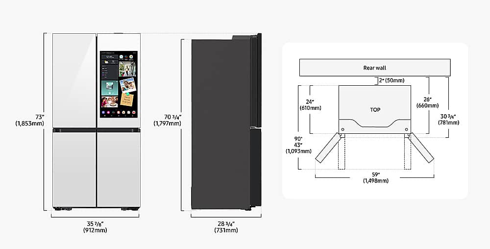 The image features a refrigerator with a built-in TV screen on the door. The refrigerator is white and has a black door. The TV screen is positioned on the left side of the refrigerator. The refrigerator is part of a larger appliance, which includes a dishwasher and a microwave. The appliance is designed to be energy-efficient and environmentally friendly. The image also shows a tablet computer, which is likely used to control the various features of the appliance.