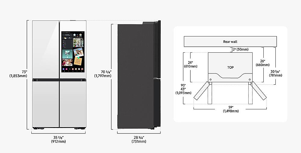 The image features a refrigerator with a built-in TV screen on the door. The refrigerator is white and has a black door. The TV screen is positioned on the left side of the refrigerator. The refrigerator is part of a larger appliance, which includes a dishwasher and a microwave. The appliance is designed to be energy-efficient and environmentally friendly. The image also shows a tablet computer, which is likely used to control the various features of the appliance.
